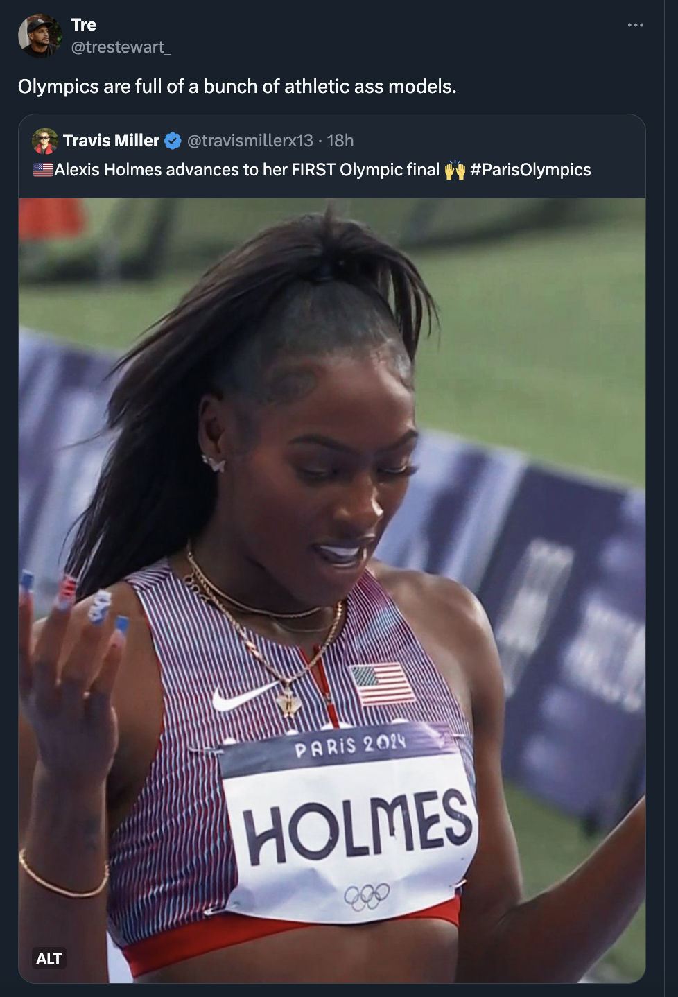 athlete - Tre Olympics are full of a bunch of athletic ass models. Travis Miller 18h Alexis Holmes advances to her First Olympic final Alt Paris 201 Holmes